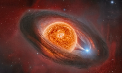 Καλλιτεχνική απεικόνιση του WOH G64 κατά την πρόσφατη μεταμόρφωσή του, όπου αποκαλύπτεται ένας κίτρινος υπεργίγαντας και ένας θερμός συνοδός αστέρας, περιβαλλόμενοι από έναν δακτύλιο σκόνης